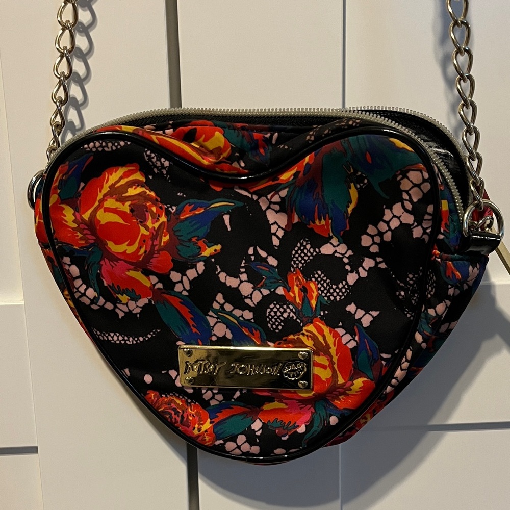 Betsey Johnson Black Floral Heart Black Lace Crossbody Bag